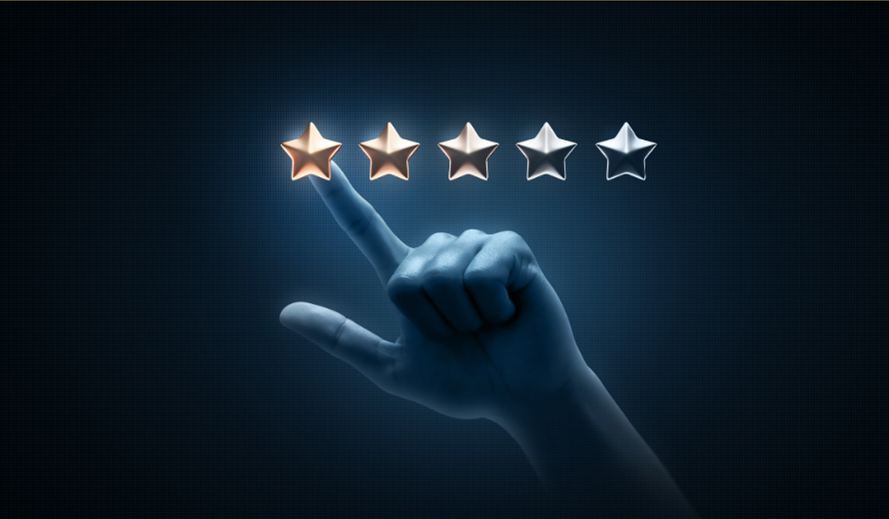 A graphic displaying five stars with a finger pointing to the brightest star, reflecting the ambition to be a premium brand